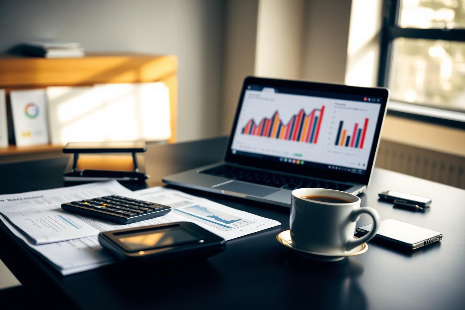 Mesa de escritório de contabilidade com relatórios financeiros e laptop com gráficos